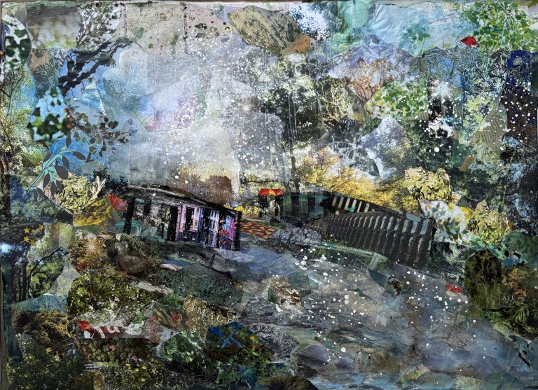 Bridge Impressions, mixed media collage by Gayle Gerson — layered landscape of a bridge and shelter on the Audubon Trail, dissolving into a luminous, painterly sky
