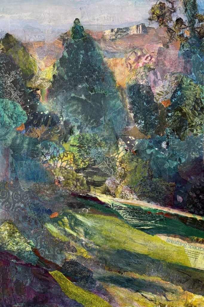 Favorite Place, mixed media collage by Gayle Gerson — layered landscape of cool greens and teal with canyon-like terrain caught in slanting evening light