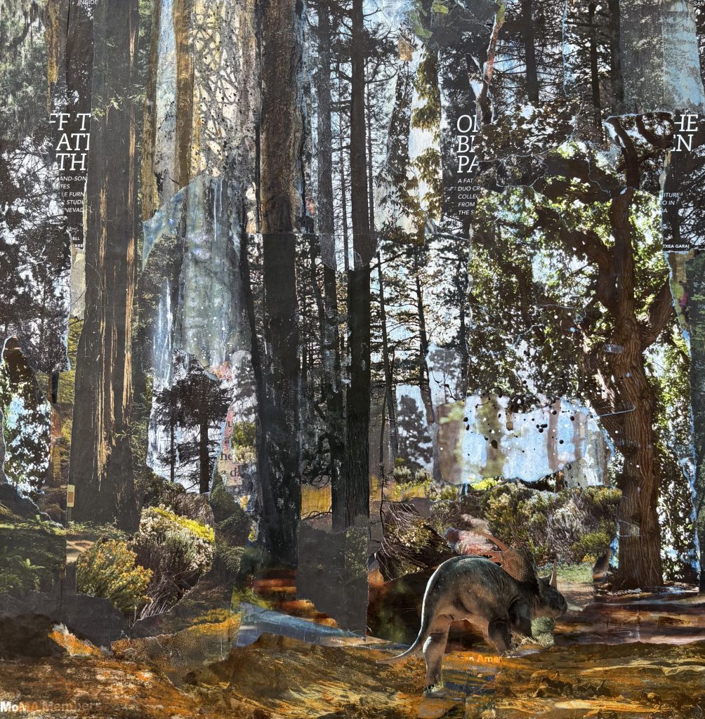 Off the Beaten Path, mixed media collage by Gayle Gerson — towering forest layered with found text and imagery, a small animal emerging from the woodland floor