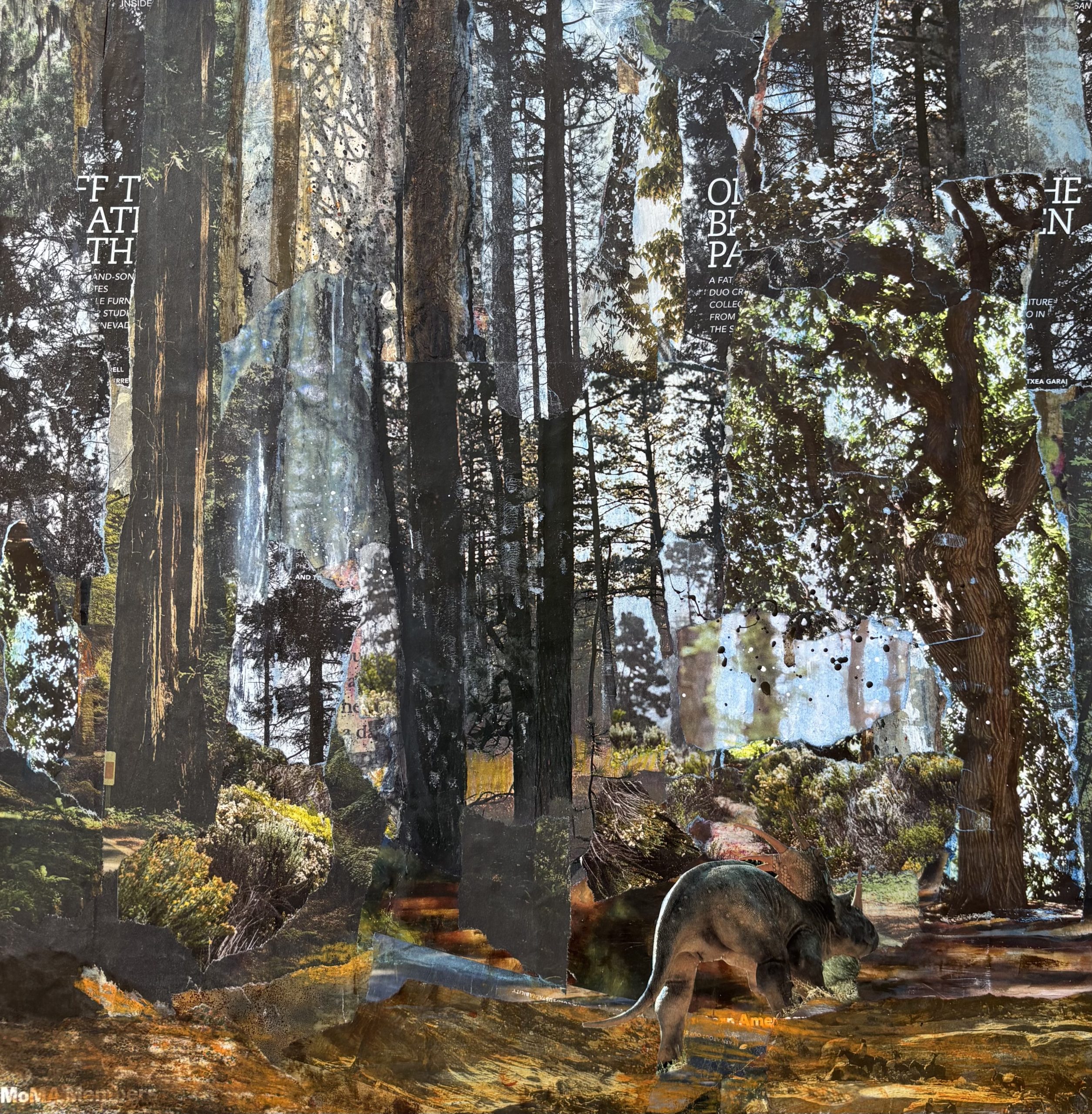 Off the Beaten Path, mixed media collage by Gayle Gerson — towering forest layered with found text and imagery, a small animal emerging from the woodland floor