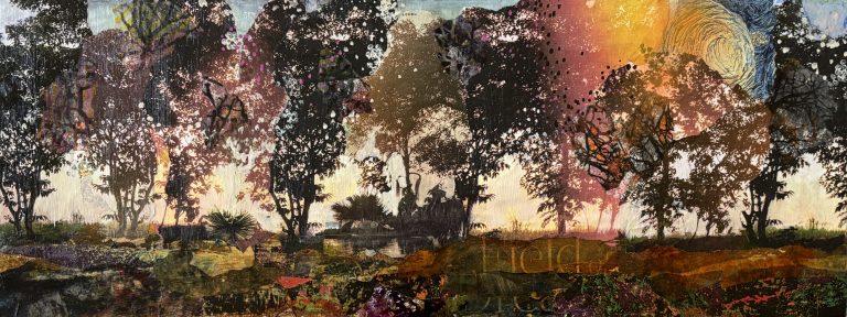 Vincent's Field, mixed media collage on cradled board by Gayle Gerson — found images and Van Gogh's Starry Night swirl into a wide, tree-lined landscape at dusk