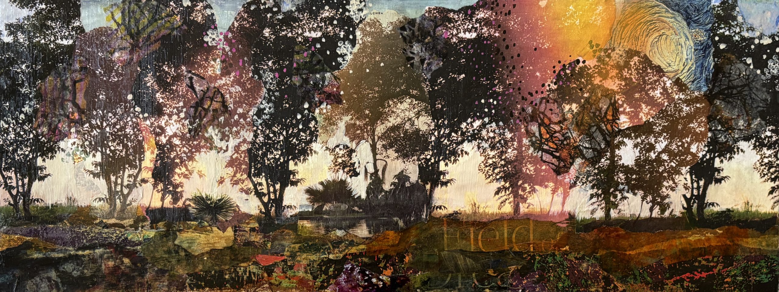 Vincent's Field, mixed media collage on cradled board by Gayle Gerson — found images and Van Gogh's Starry Night swirl into a wide, tree-lined landscape at dusk