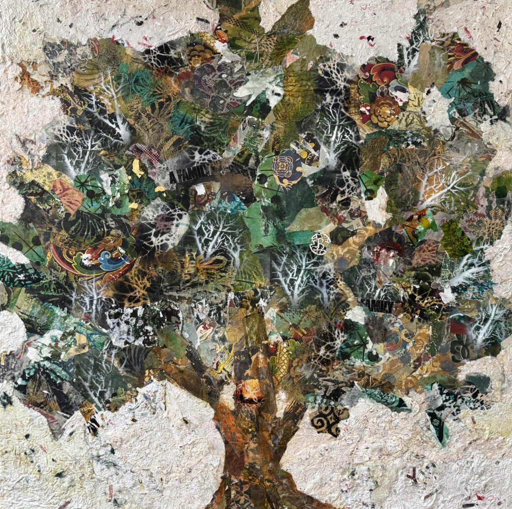 Mile Tree, mixed media collage on cradled board by Gayle Gerson — layered found and hand-made papers form a dense, richly textured tree canopy