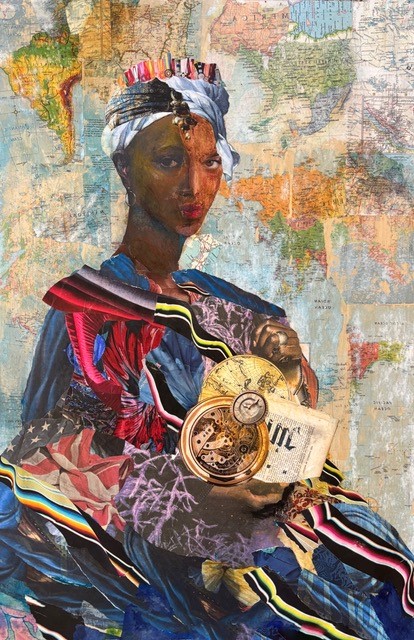 Mixed media collage of a seated woman in colorful layered garments holding a pocket watch against a world map background