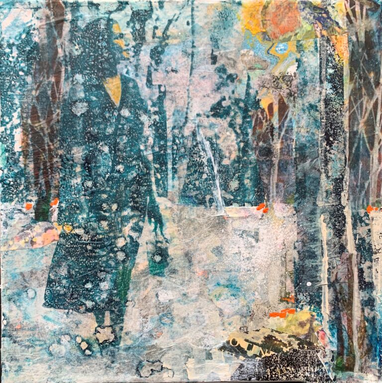 Mixed media collage of a figure in a dark spotted coat standing among layered forest trees in cool blues and teals with scattered orange accents