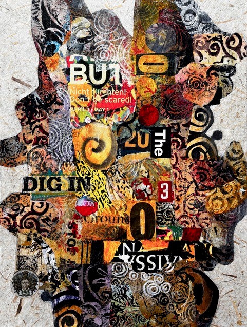 Mixed media collage with layered text fragments, bold patterns, and graphic forms in warm earth tones and black on a textured background