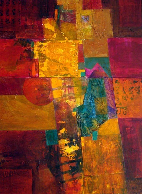 Mixed media collage with bold geometric blocks of red, gold, orange, and teal on a richly textured background